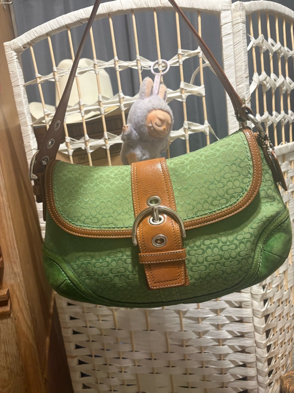 Coach Green Signature Canvas Shoulder Bag with Tan Leather Trim and Buckle
